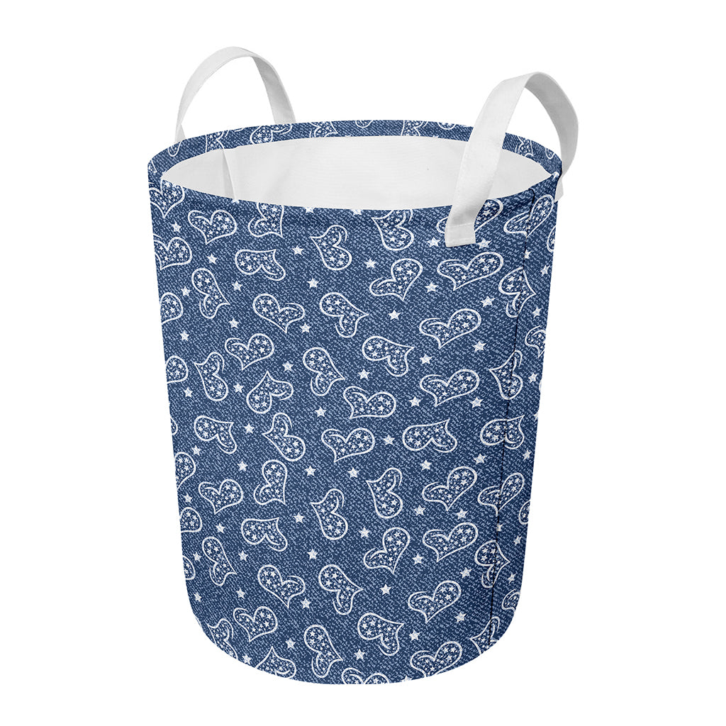 Heart And Star Denim Jeans Pattern Print Round Laundry Basket