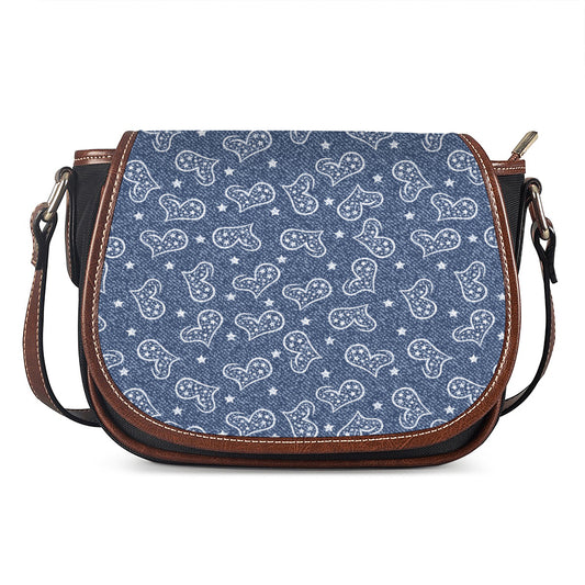 Heart And Star Denim Jeans Pattern Print Saddle Bag