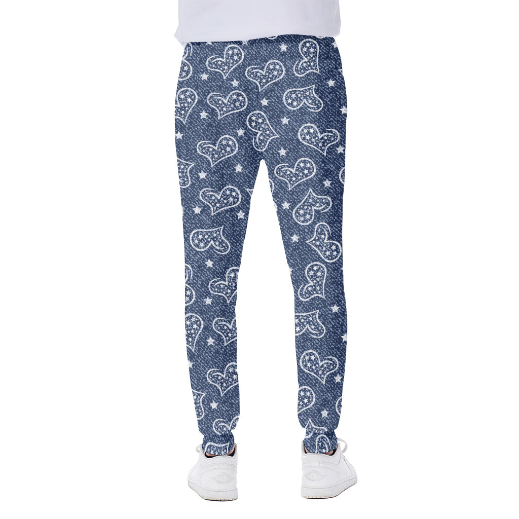 Heart And Star Denim Jeans Pattern Print Scuba Joggers