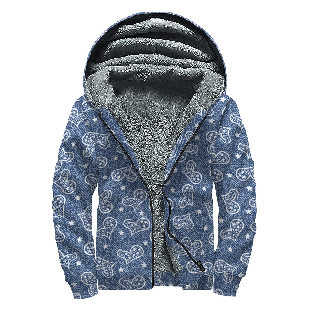 Heart And Star Denim Jeans Pattern Print Sherpa Lined Zip Up Hoodie