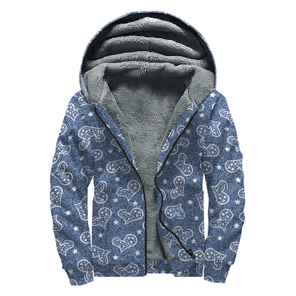 Heart And Star Denim Jeans Pattern Print Sherpa Lined Zip Up Hoodie