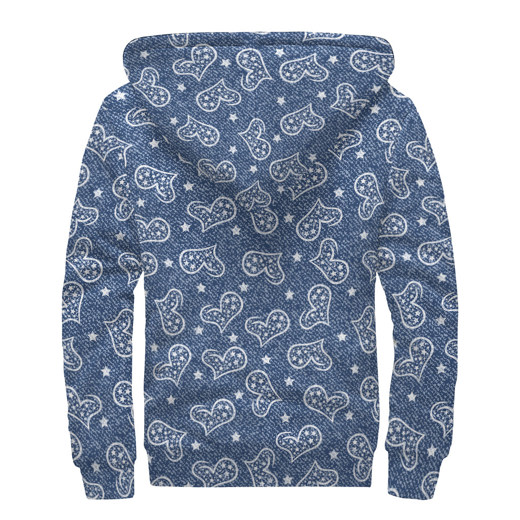 Heart And Star Denim Jeans Pattern Print Sherpa Lined Zip Up Hoodie