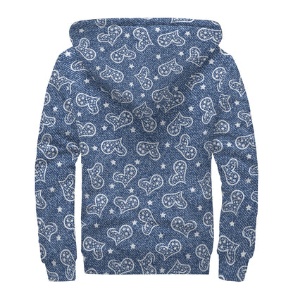 Heart And Star Denim Jeans Pattern Print Sherpa Lined Zip Up Hoodie