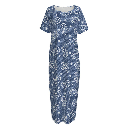 Heart And Star Denim Jeans Pattern Print Short Sleeve Long Nightdress