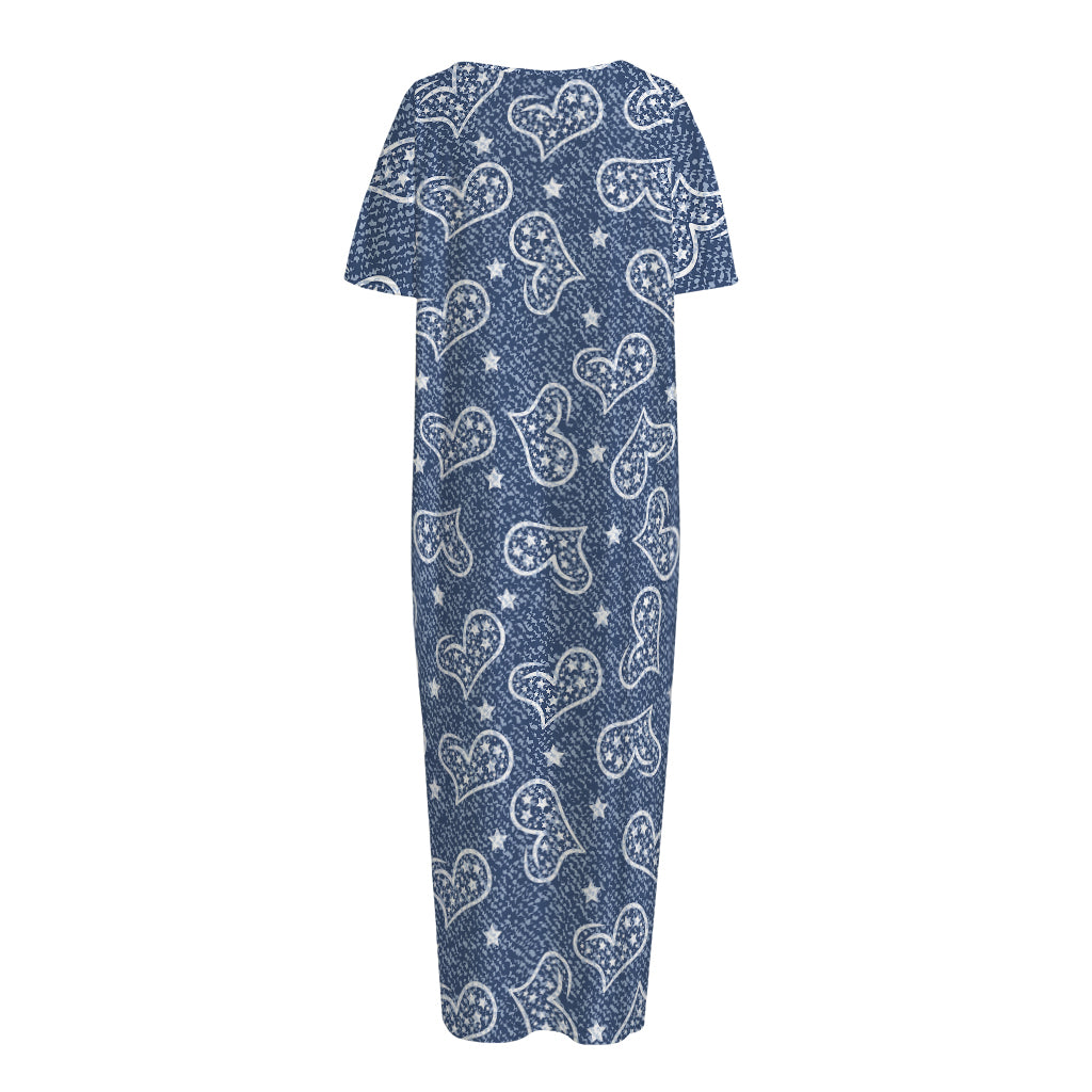 Heart And Star Denim Jeans Pattern Print Short Sleeve Long Nightdress