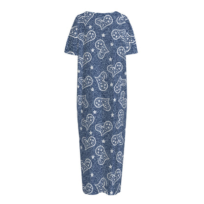 Heart And Star Denim Jeans Pattern Print Short Sleeve Long Nightdress
