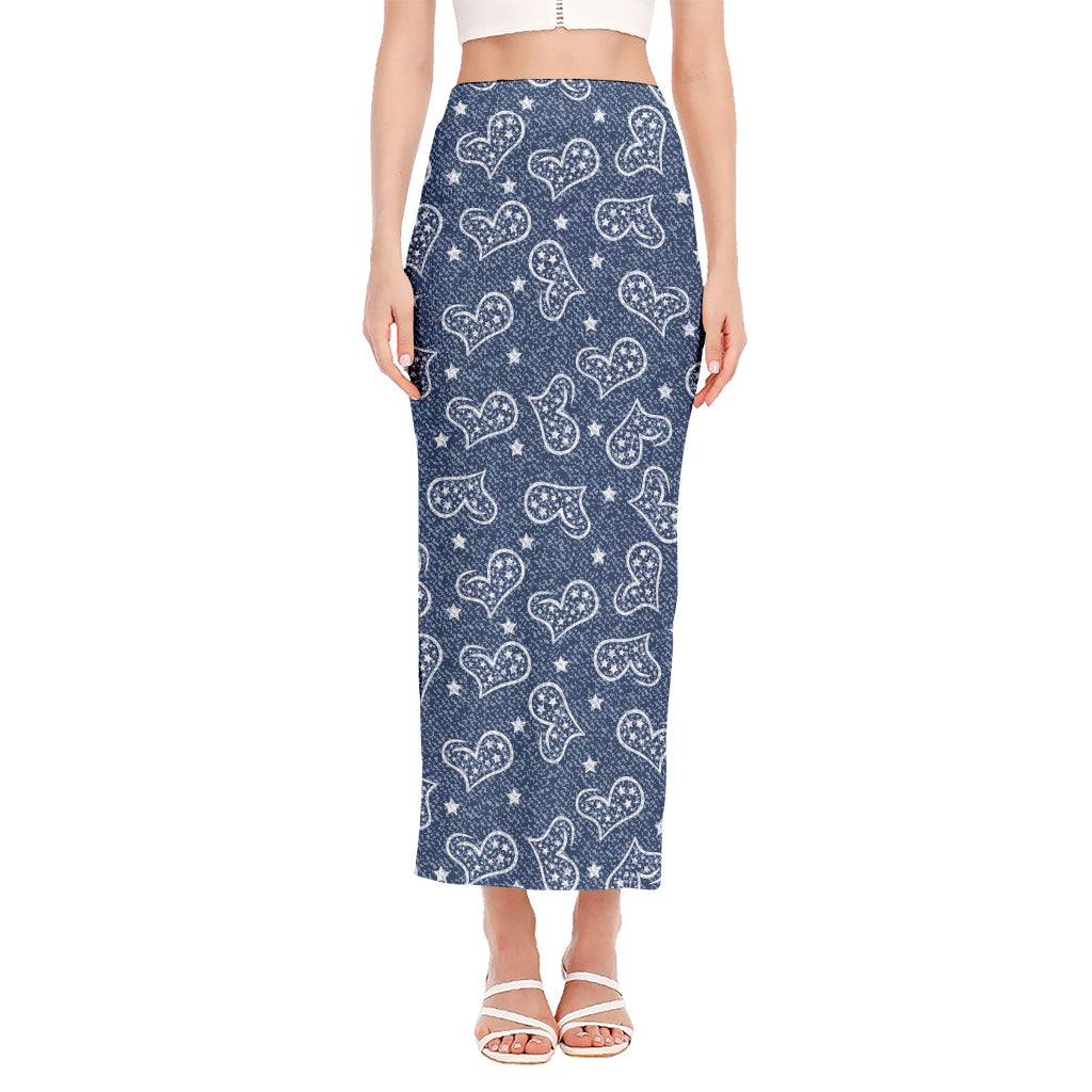 Heart And Star Denim Jeans Pattern Print Side Slit Maxi Skirt
