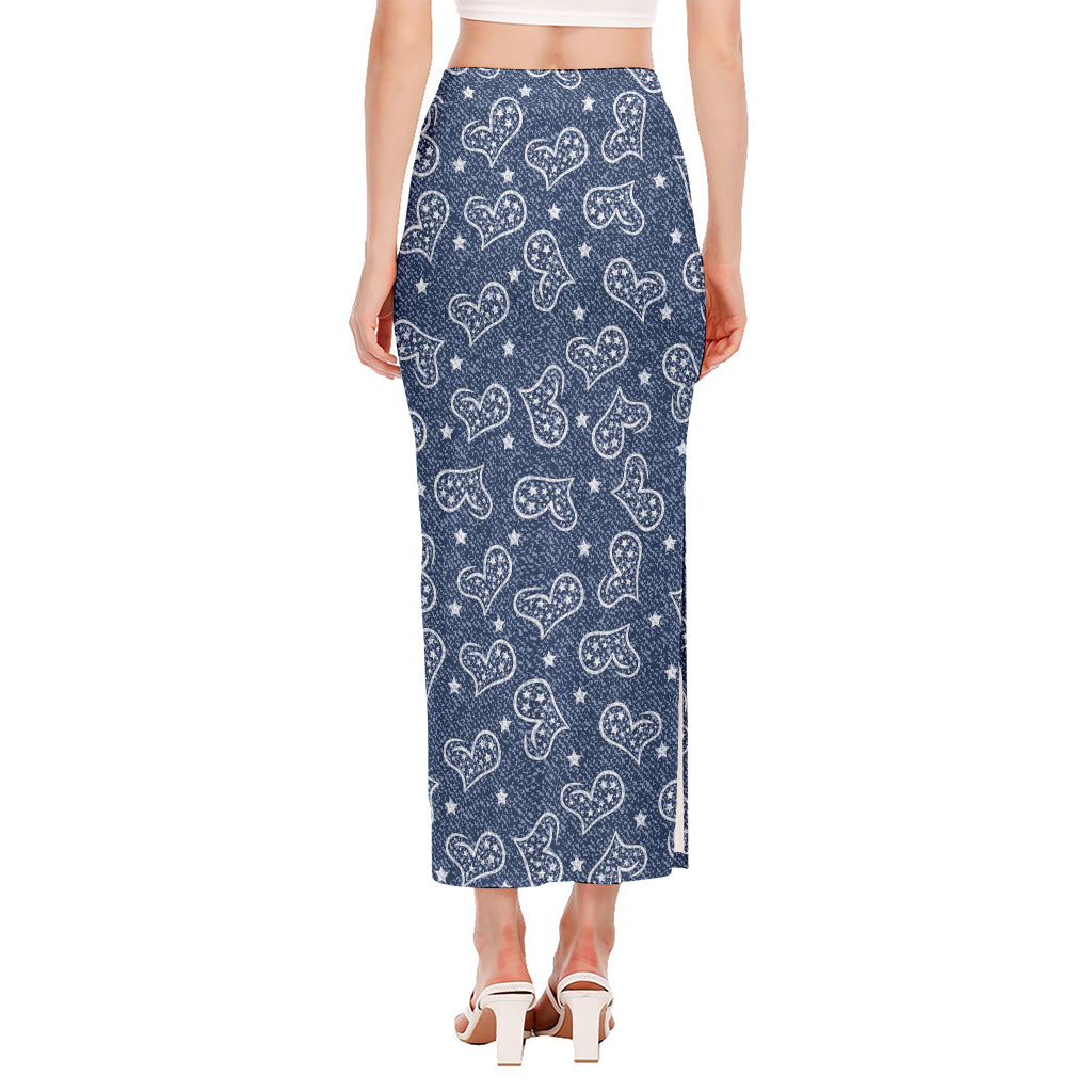 Heart And Star Denim Jeans Pattern Print Side Slit Maxi Skirt