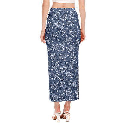 Heart And Star Denim Jeans Pattern Print Side Slit Maxi Skirt