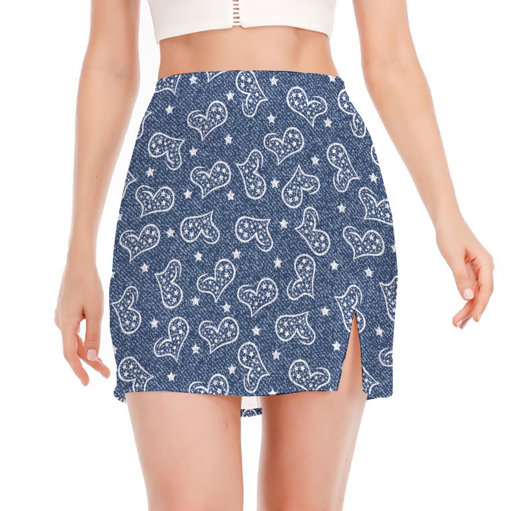 Heart And Star Denim Jeans Pattern Print Side Slit Mini Skirt