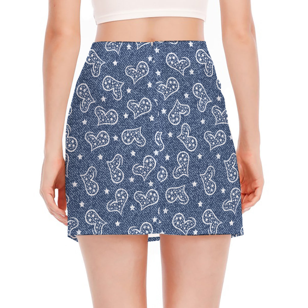 Heart And Star Denim Jeans Pattern Print Side Slit Mini Skirt