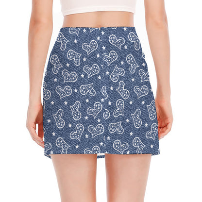 Heart And Star Denim Jeans Pattern Print Side Slit Mini Skirt