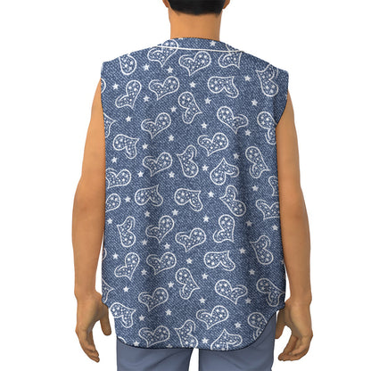 Heart And Star Denim Jeans Pattern Print Sleeveless Baseball Jersey