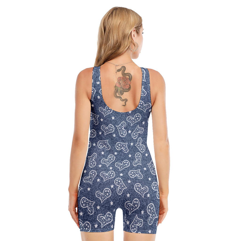 Heart And Star Denim Jeans Pattern Print Sleeveless One Piece Swimsuit