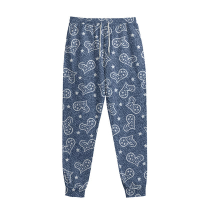 Heart And Star Denim Jeans Pattern Print Sweatpants