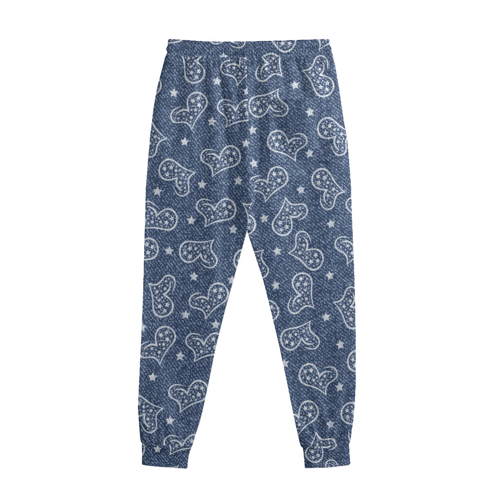 Heart And Star Denim Jeans Pattern Print Sweatpants