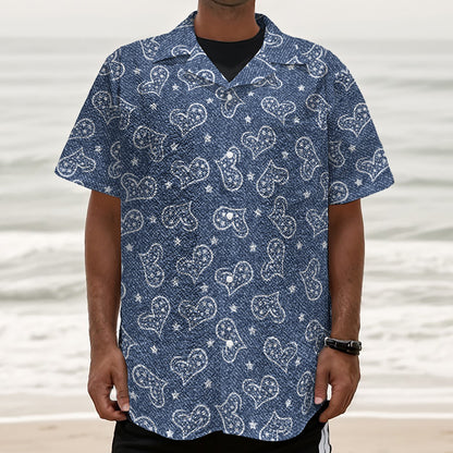 Heart And Star Denim Jeans Pattern Print Textured Short Sleeve Shirt