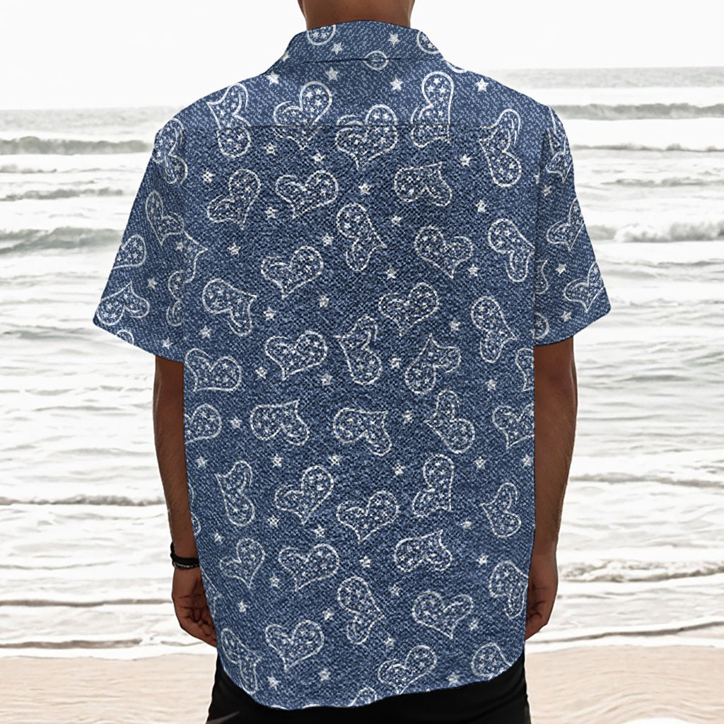 Heart And Star Denim Jeans Pattern Print Textured Short Sleeve Shirt