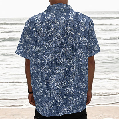 Heart And Star Denim Jeans Pattern Print Textured Short Sleeve Shirt