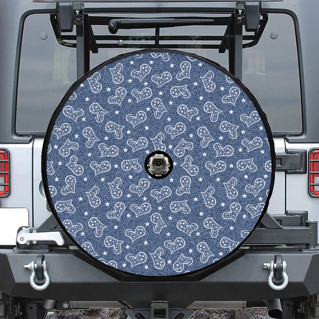 Heart And Star Denim Jeans Pattern Print Tire Cover With Camera Hole