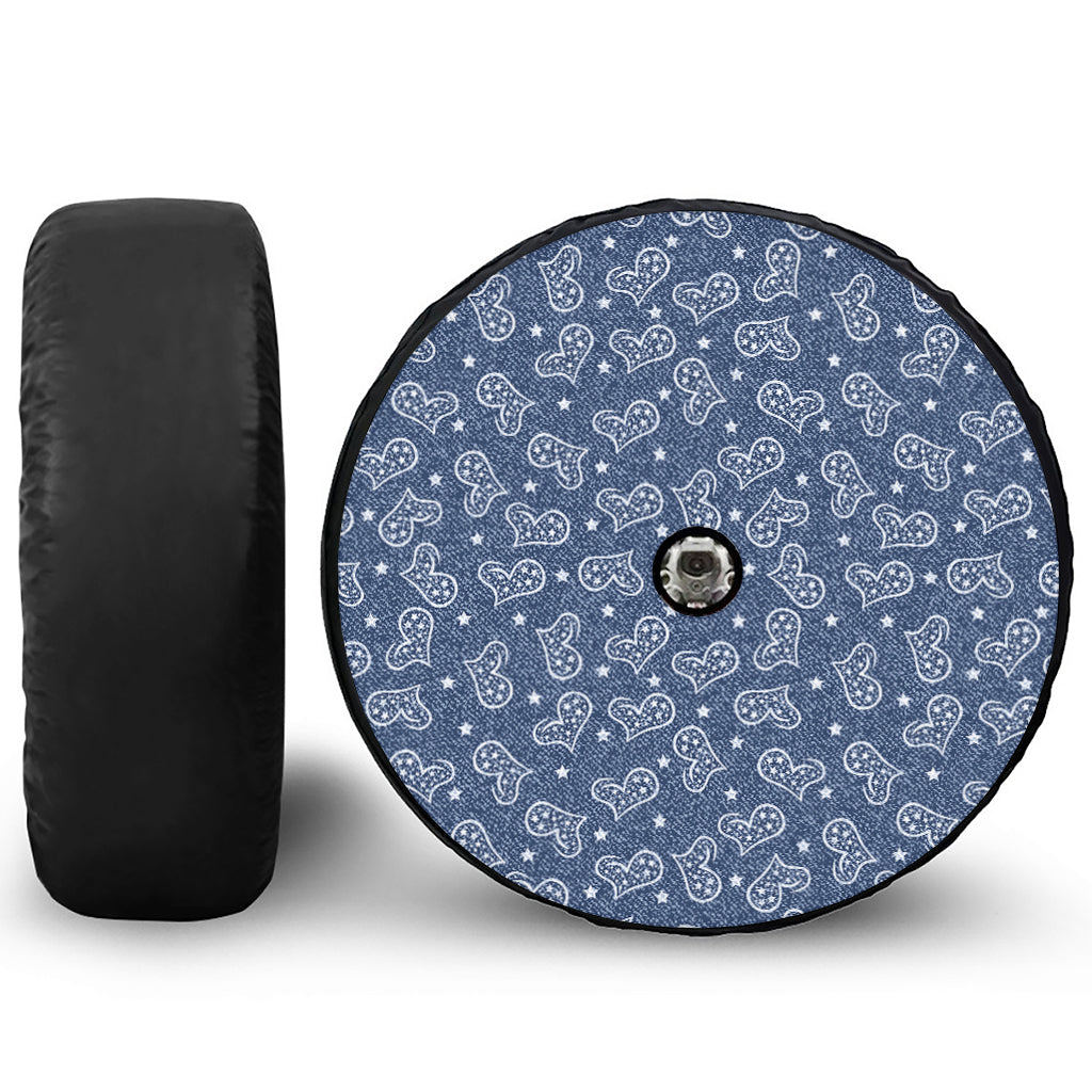 Heart And Star Denim Jeans Pattern Print Tire Cover With Camera Hole