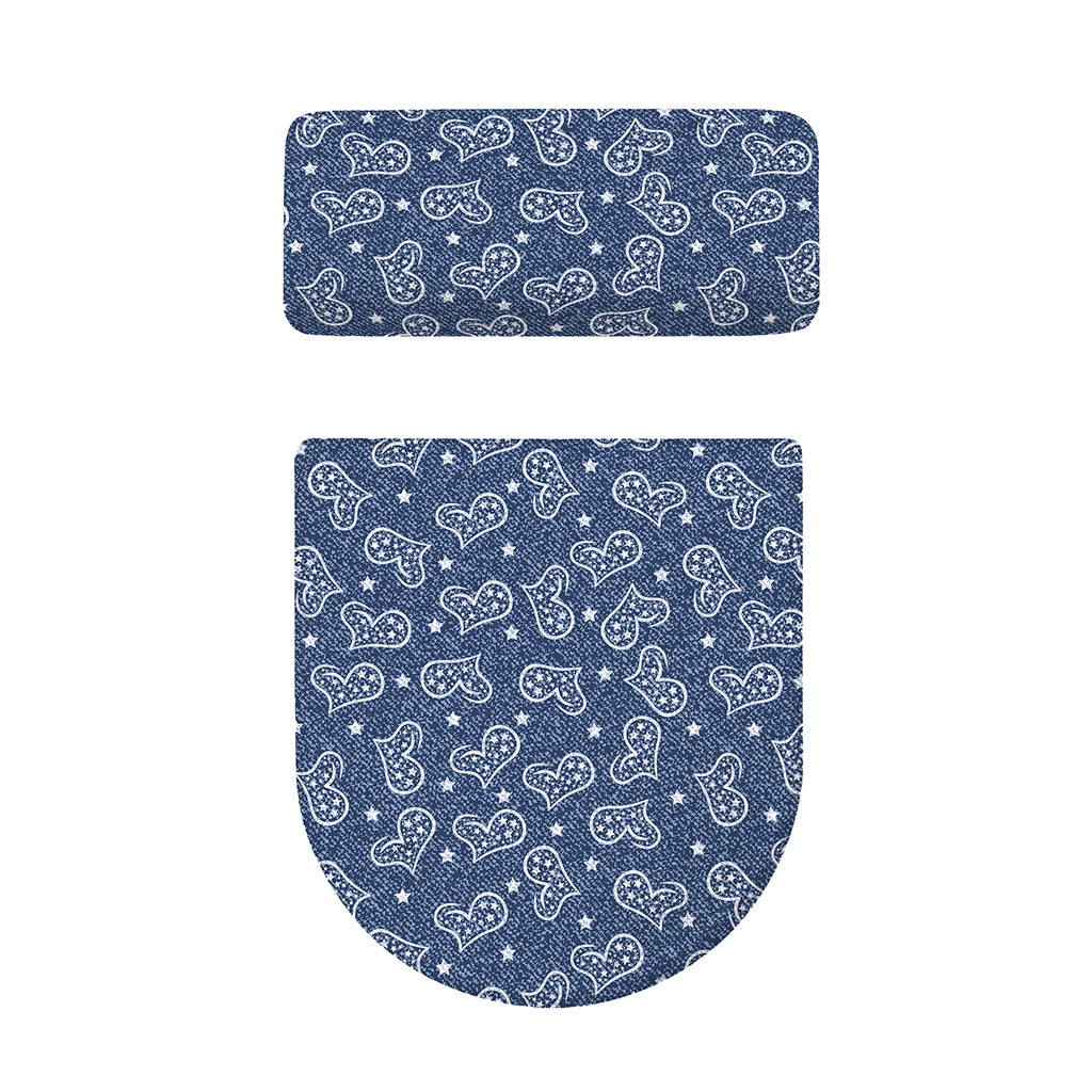 Heart And Star Denim Jeans Pattern Print Toilet Lid And Tank Cover Set