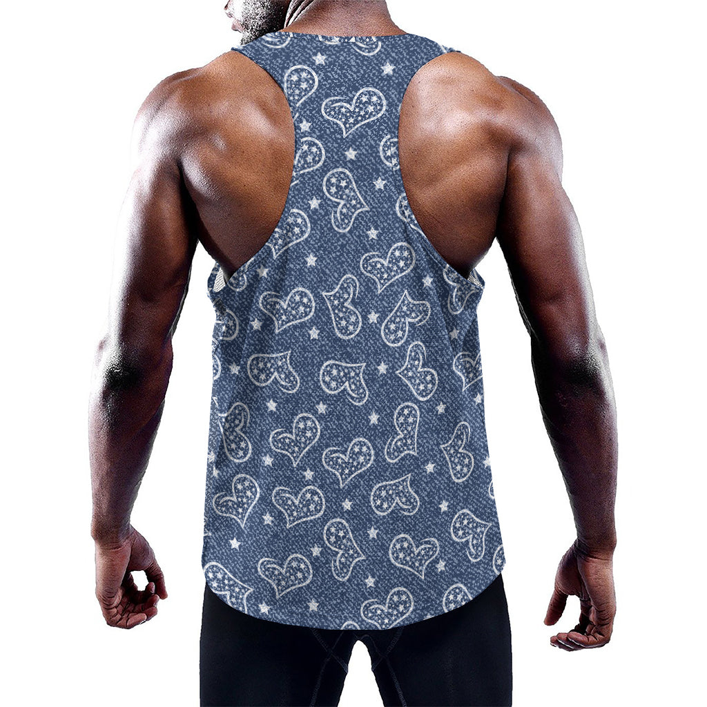 Heart And Star Denim Jeans Pattern Print Training Tank Top