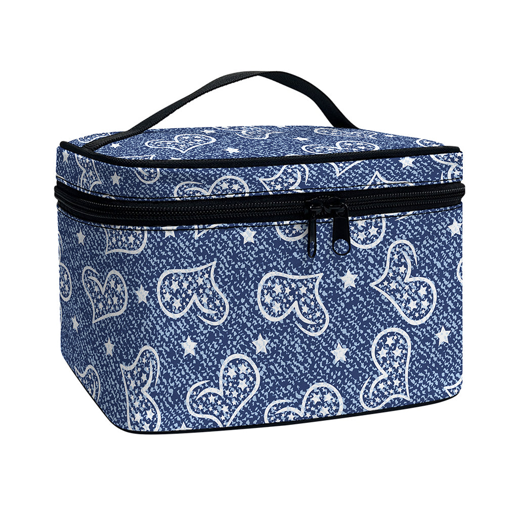 Heart And Star Denim Jeans Pattern Print Travel Makeup Bag