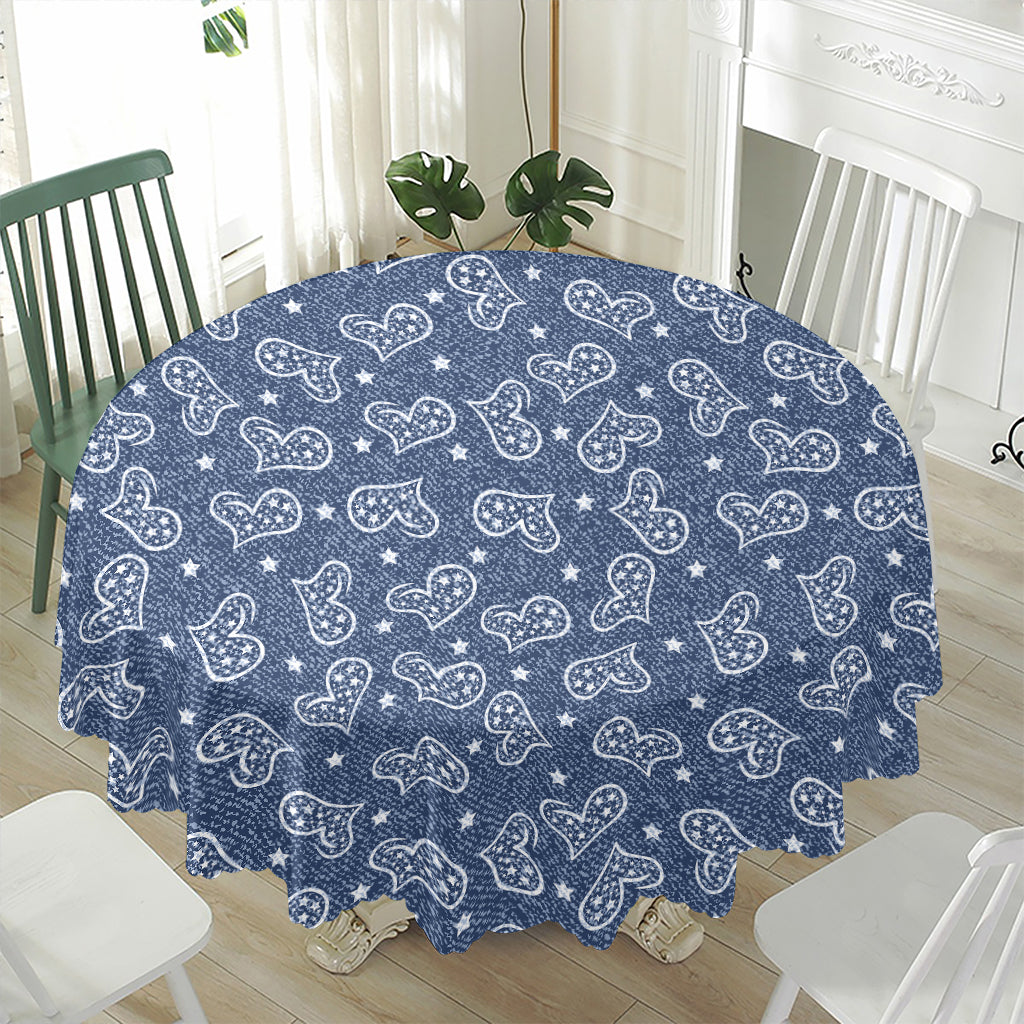 Heart And Star Denim Jeans Pattern Print Waterproof Round Tablecloth