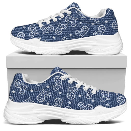 Heart And Star Denim Jeans Pattern Print White Chunky Shoes