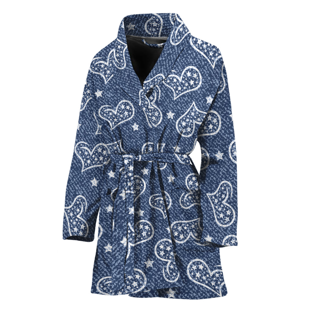 Heart And Star Denim Jeans Pattern Print Women's Bathrobe