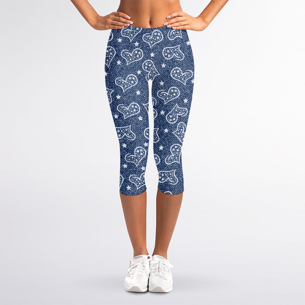 Heart And Star Denim Jeans Pattern Print Women's Capri Leggings