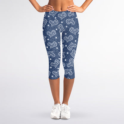 Heart And Star Denim Jeans Pattern Print Women's Capri Leggings