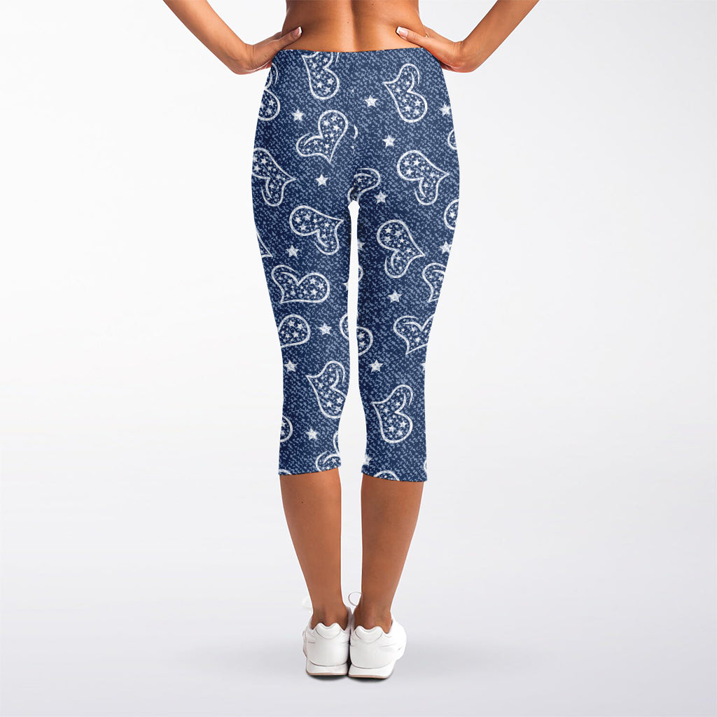 Heart And Star Denim Jeans Pattern Print Women's Capri Leggings