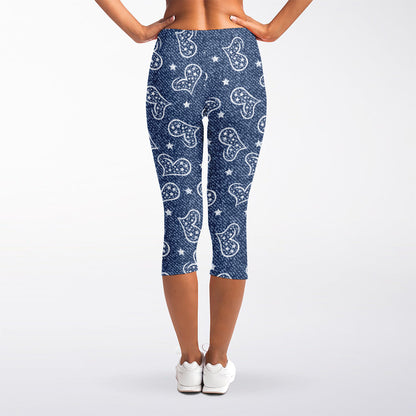Heart And Star Denim Jeans Pattern Print Women's Capri Leggings