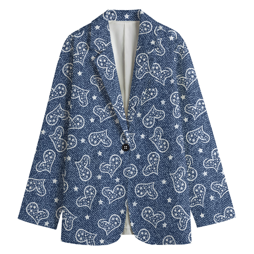 Heart And Star Denim Jeans Pattern Print Women's Cotton Blazer
