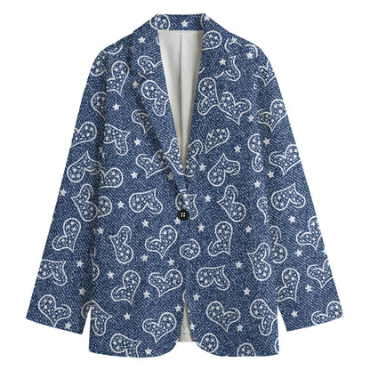 Heart And Star Denim Jeans Pattern Print Women's Cotton Blazer