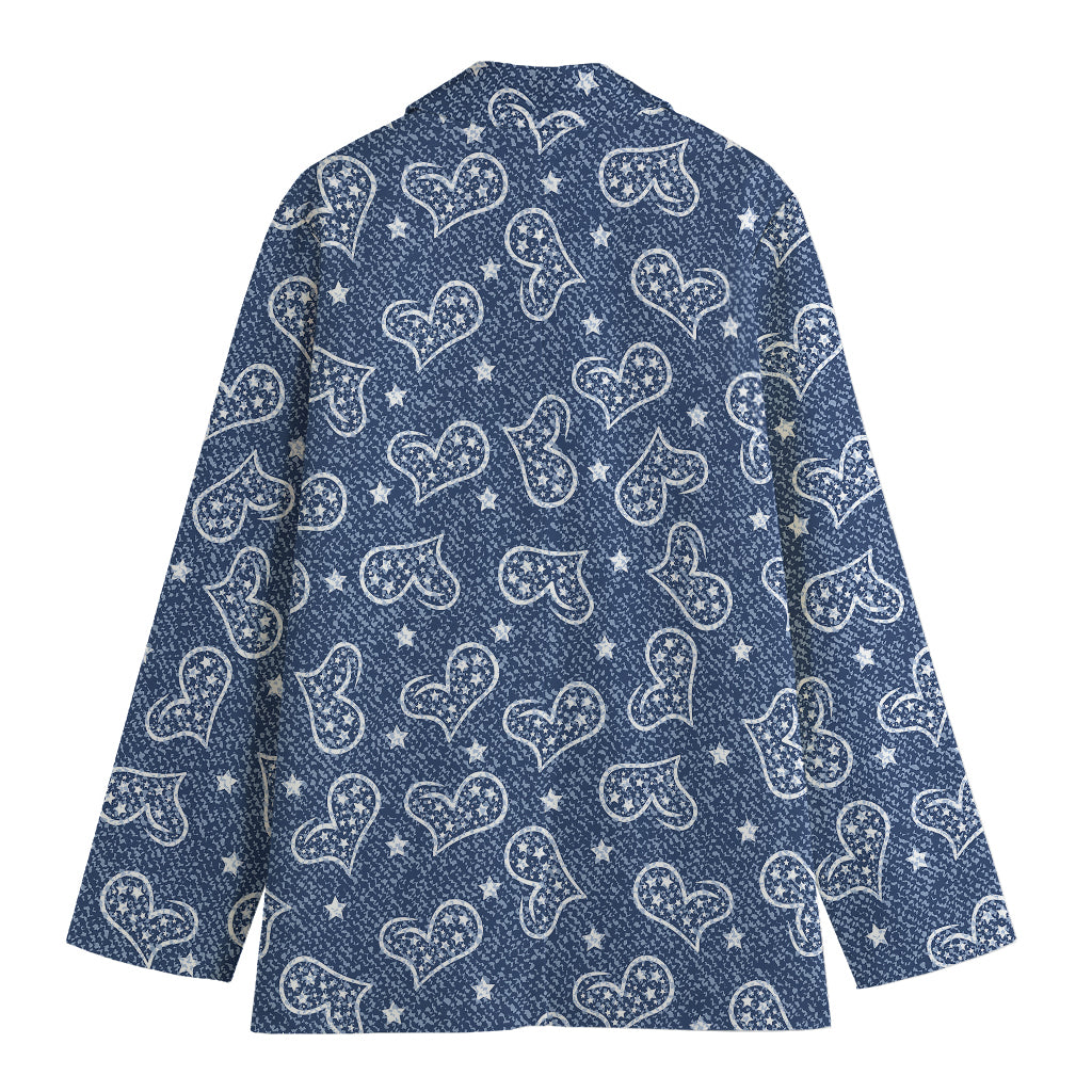 Heart And Star Denim Jeans Pattern Print Women's Cotton Blazer