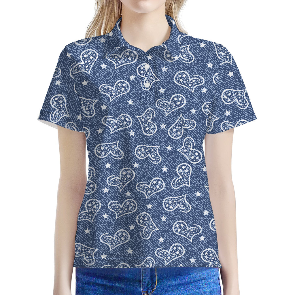 Heart And Star Denim Jeans Pattern Print Women's Polo Shirt