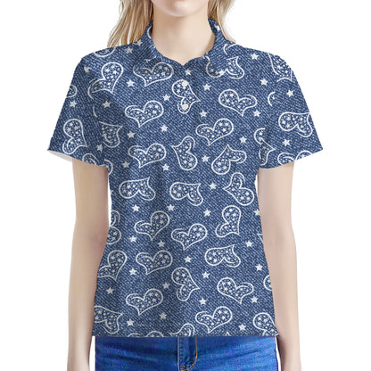 Heart And Star Denim Jeans Pattern Print Women's Polo Shirt