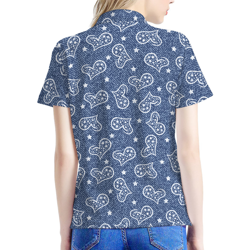 Heart And Star Denim Jeans Pattern Print Women's Polo Shirt