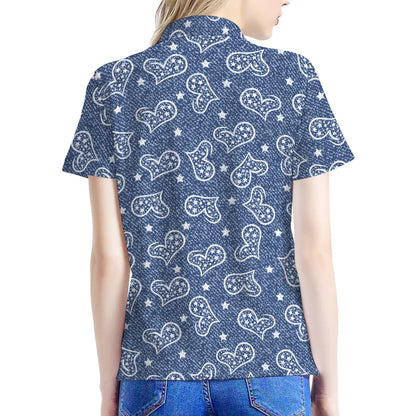 Heart And Star Denim Jeans Pattern Print Women's Polo Shirt