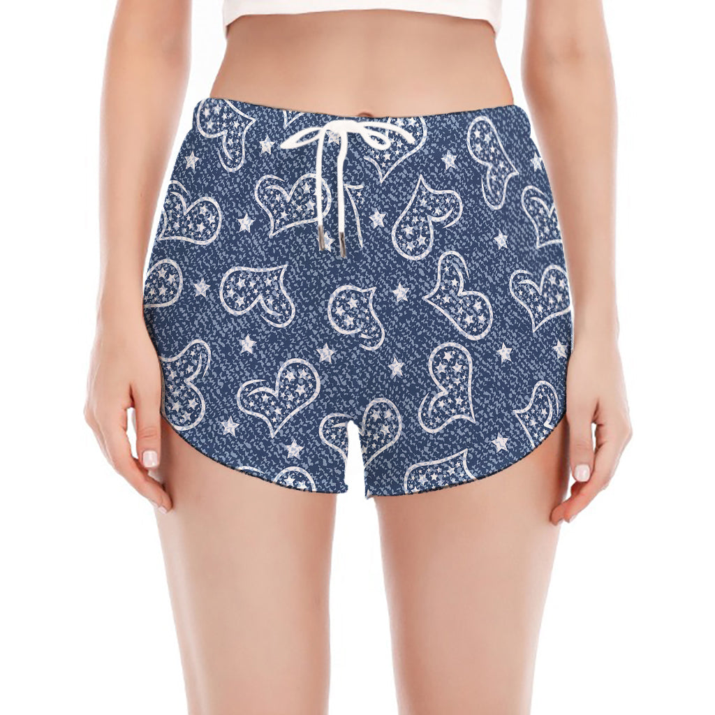 Heart And Star Denim Jeans Pattern Print Women's Split Running Shorts