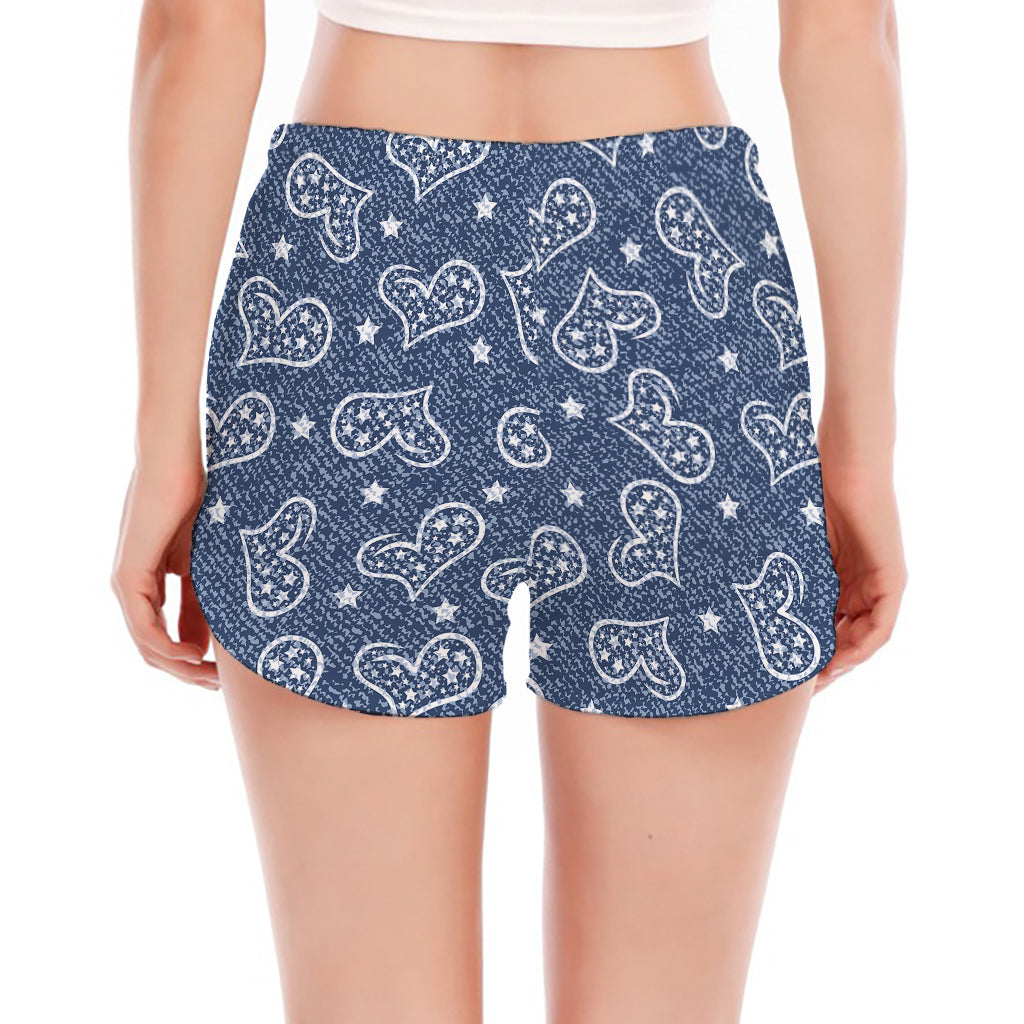 Heart And Star Denim Jeans Pattern Print Women's Split Running Shorts