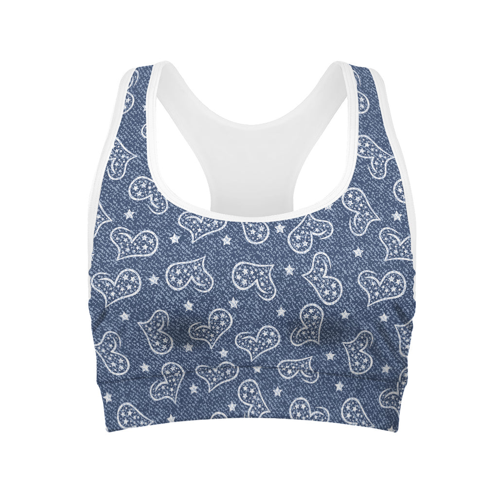 Heart And Star Denim Jeans Pattern Print Women's Sports Bra