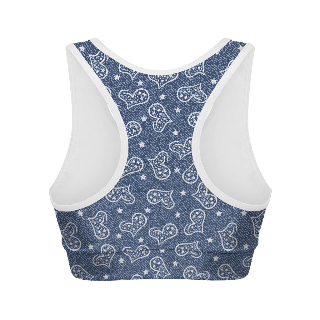 Heart And Star Denim Jeans Pattern Print Women's Sports Bra