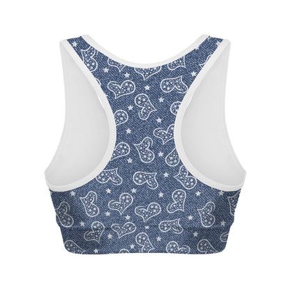 Heart And Star Denim Jeans Pattern Print Women's Sports Bra