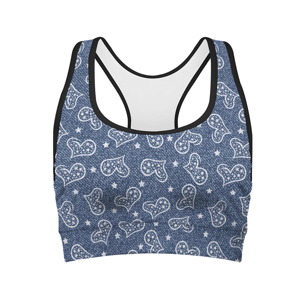 Heart And Star Denim Jeans Pattern Print Women's Sports Bra