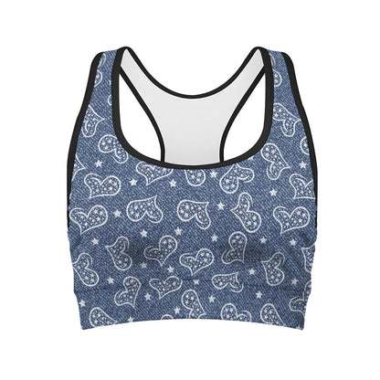 Heart And Star Denim Jeans Pattern Print Women's Sports Bra