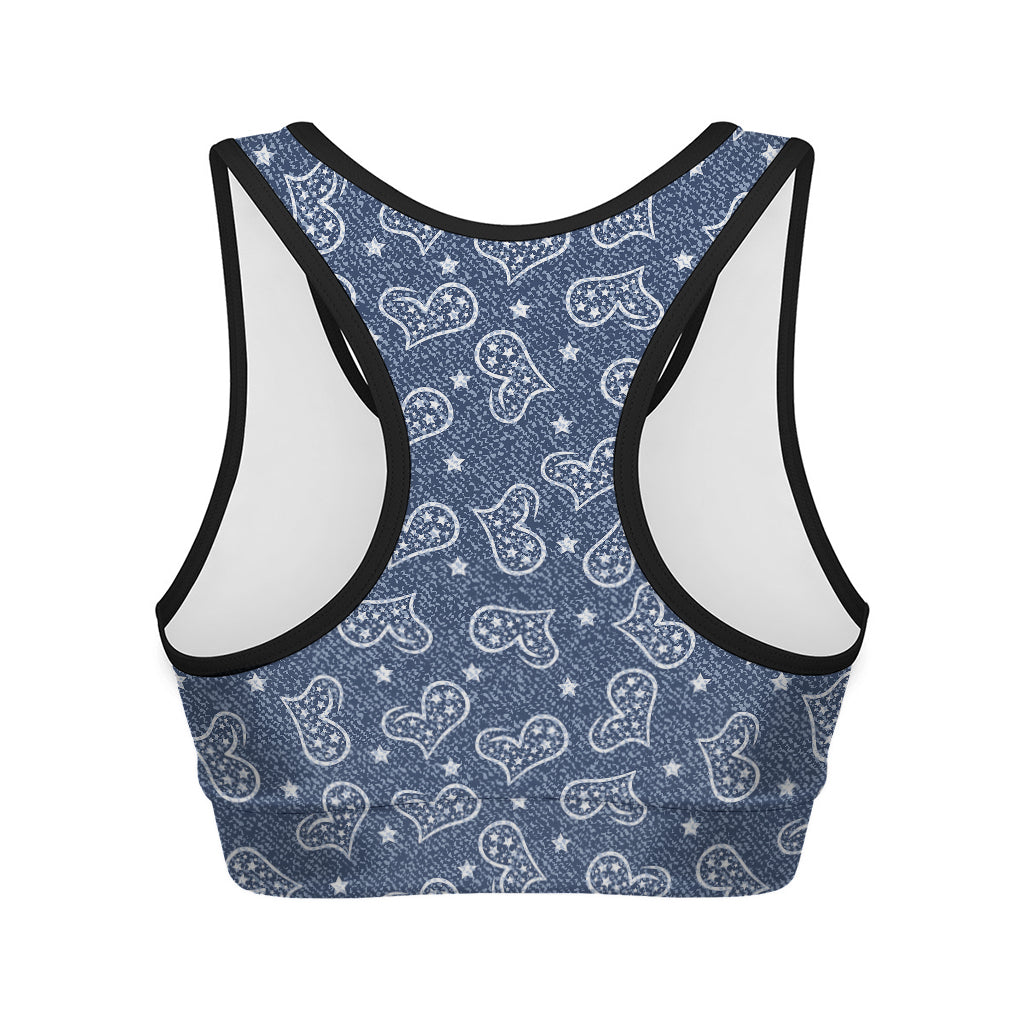 Heart And Star Denim Jeans Pattern Print Women's Sports Bra